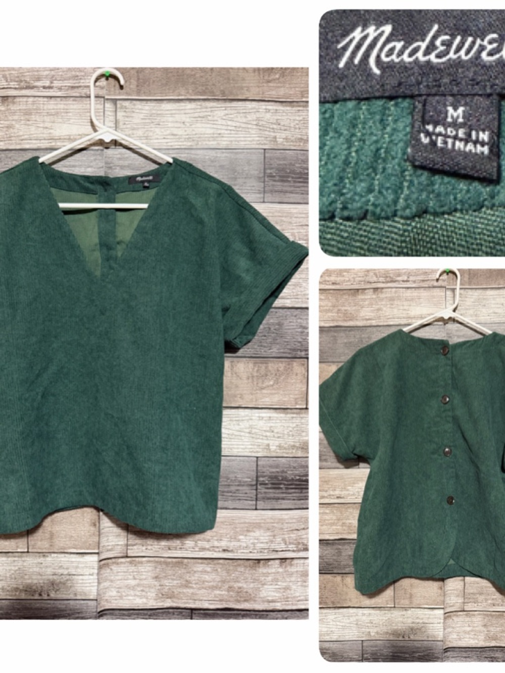 Madewell Collette V-Neck Corduroy Button Back Top Women’s M Green Cuffed Sleeve